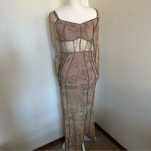 Urban Outfitters Sheer Mesh Tattoo Print Maxi Dress Cutout Size S